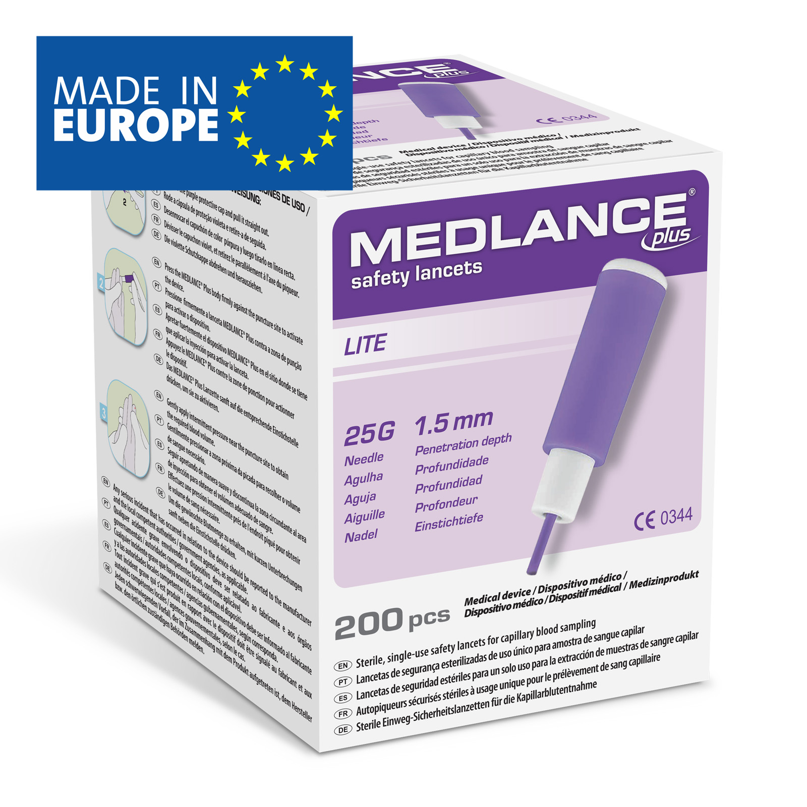 Ланцет Medlance plus Lite безпечний, одноразового використання, стерильний. Голка 25G, глибина проникнення 1,5 мм, HTL STREFA, Польща.